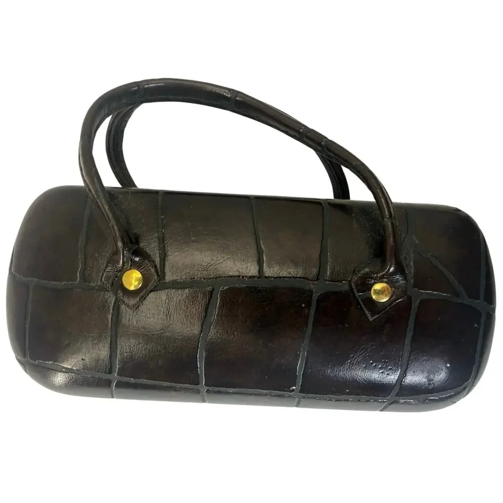 Vintage 70s Purse Style Eyeglasses Case Black Faux Croc Hard Shell w Handles